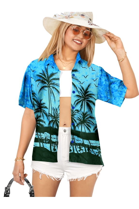 Women's Beach Hawaiian Blouse Shirt Cute Blouses Button Down Casual Short Sleeve Dress Tops Tee Shirts Tank Top Women XXL Azure, Palm Tree View