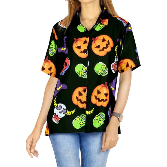 HAPPY BAY Women's Beach Hawaiian Blouse Shirt Spooky Pumpkin Print Tops Short Sleeve Button Down Holiday Party Halloween Costumes Shirts for Women M Smokey Devil Skulls