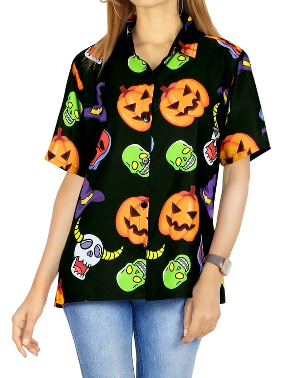 Women's Beach Hawaiian Blouse Shirt Spooky Pumpkin Print Tops Short Sleeve Button Down Holiday Party Halloween Costumes Shirts for Women M Smokey Devil Skulls