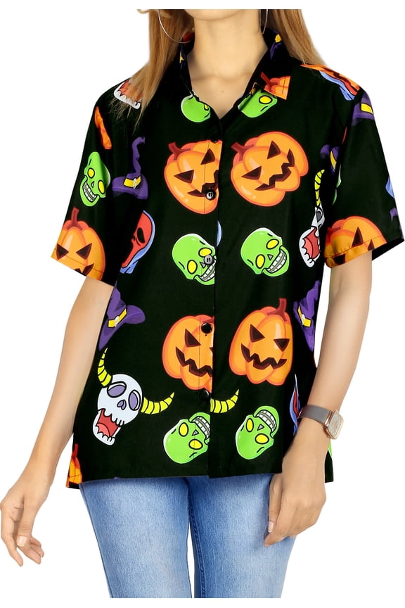 Women's Beach Hawaiian Blouse Shirt Spooky Pumpkin Print Tops Short Sleeve Button Down Holiday Party Halloween Costumes Shirts for Women S Smokey Devil Skulls
