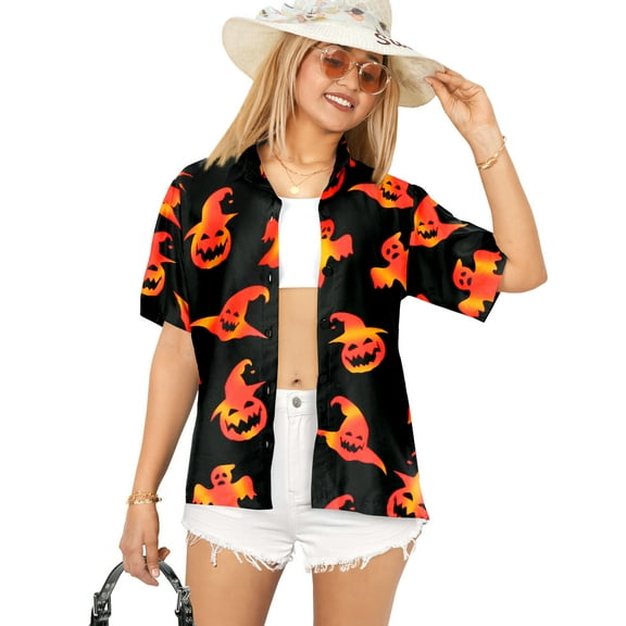 HAPPY BAY Women's Beach Hawaiian Blouse Tops Hocus Pocus Short Sleeve Button Down Pumpkin Holiday Party Halloween Costumes Shirts for Women M Orange Ghost Black
