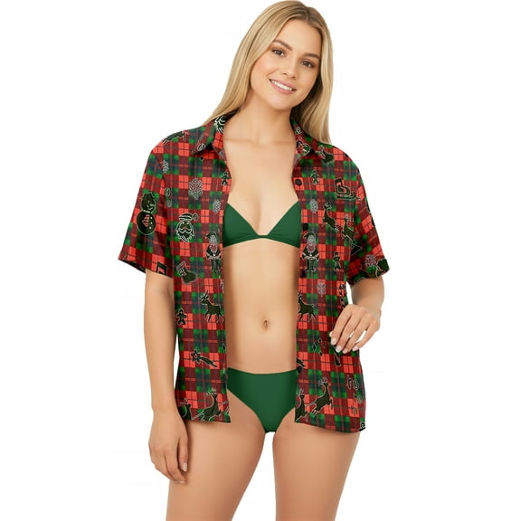HAPPY BAY Women's Beach Plaid Santa Claus Party Gifts Shirt Blouse Button Down Tops Hawaiian Christmas Tree Dresses for Women XL Xmas Checks, Red
