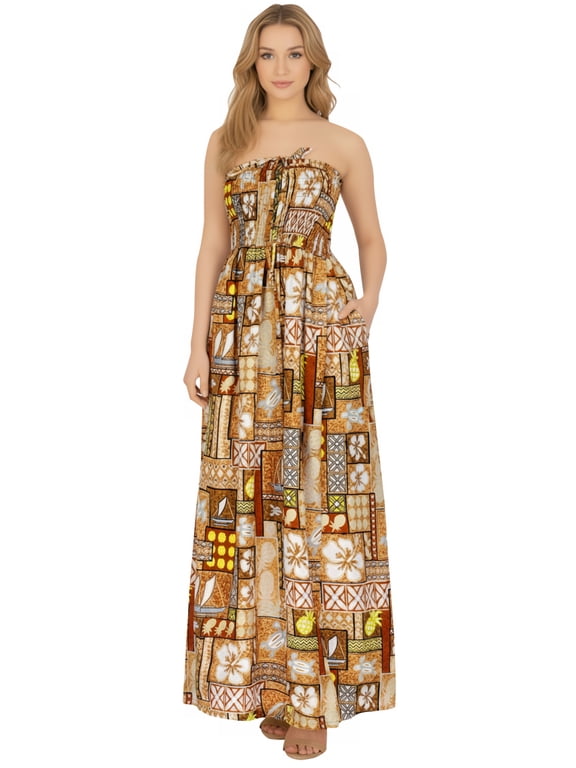 Women's Beach Summer A-Line Maxi Smocked Top Slit Dress Long Sleeveless Casual Strapless Tube Dresses for Women One Size Brown, Aztec
