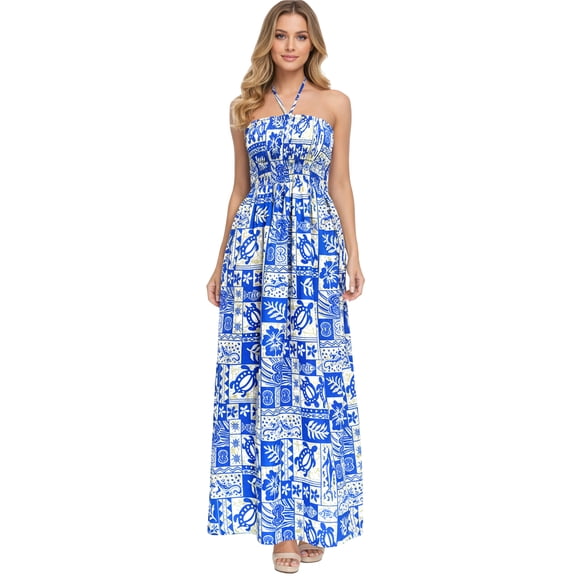 HAPPY BAY Women's Beach Summer A-Line Maxi Smocked Top Slit Dress Long Sleeveless Casual Strapless Tube Dresses for Women One Size Sky, Tropical