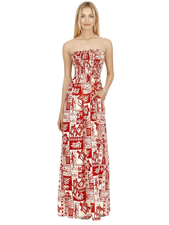Women's Beach Summer A-Line Maxi Smocked Top Slit Dress Long Sleeveless Casual Strapless Tube Dresses for Women One Size Tart, Tropical