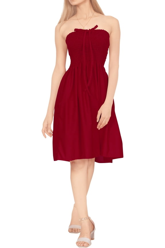 Women's Beach Summer Casual Smocked Mini Flowy Dress Tube Top Strapless Dresses for Women One Size Red, Solid