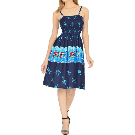 HAPPY BAY Women's Beach Summer Halloween Costumes Evening Party Caribbean Pirate Knee Length Smocked Dress Flowy Elastic Tube Top Dresses for Women One Size Skull Crossbones, Blue