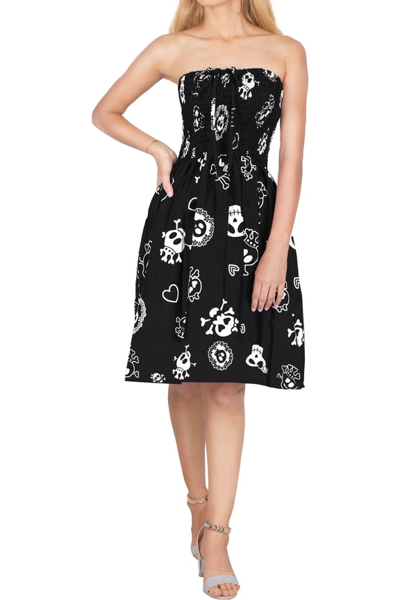 Women's Beach Summer Costumes Evening Party Halter Caribbean Pirate knee Length Smocked Dress Flowy Elastic Tube Top Dresses for Women One Size Kohl, Pirate Skull