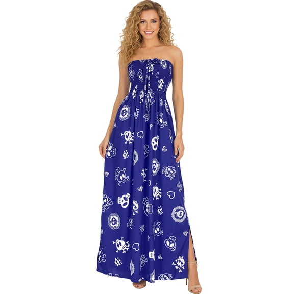 HAPPY BAY Women's Beach Summer Costumes Evening Party Strapless Caribbean Pirate Maxi Smocked Dress Flowy Elastic Tube Top Sundress for Women One Size Clip Art Skull, Royal Blue