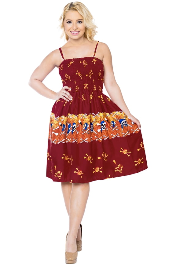 Women's Beach Summer Halloween Costumes Party Caribbean Pirate Mini Smocked Dress Flowy Elastic Tube Top Sundress for Women One Size Skull Crossbones, Blood Red