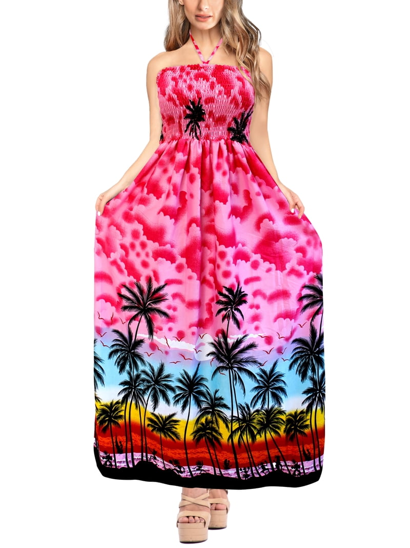 Happy BAY Women's Beach Summer Halter Neck Tube Top Maxi Evening Dress Strapless Dresses for Women One Size Neon Pink_AB179