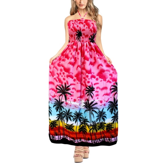 HAPPY BAY Women's Beach Summer Halter Neck Tube Top Maxi Evening Dress Strapless Dresses for Women One Size Neon Pink_AB179