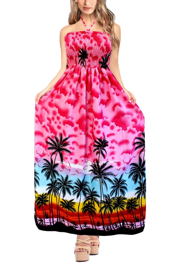 Women's Beach Summer Halter Neck Tube Top Maxi Evening Dress Strapless Dresses for Women One Size Neon Pink_AB179