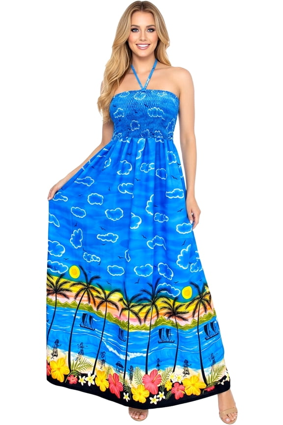 Women's Beach Summer Halter Neck Tube Top Maxi Evening Slit Dress Strapless Dresses for Women One Size Sky, Beach