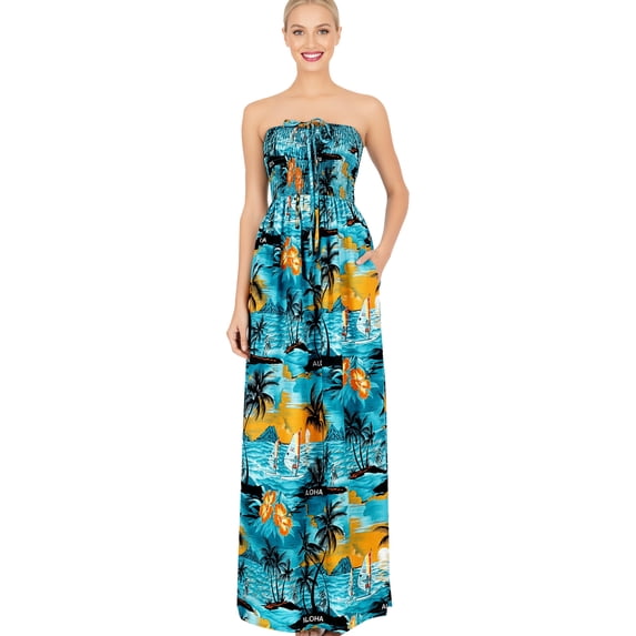 HAPPY BAY Women's Beach Summer Ruched Tube Top Maxi Evening Dress Strapless Dresses for Women One Size Teal, Palm Tree