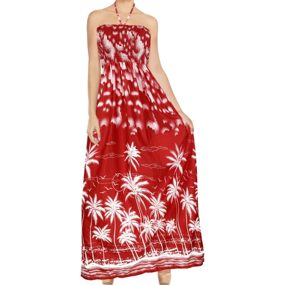 HAPPY BAY Women's Beach Summer Ruched Tube Top Maxi Evening Slit Dress Strapless Dresses for Women One Size Coral, Palm Tree