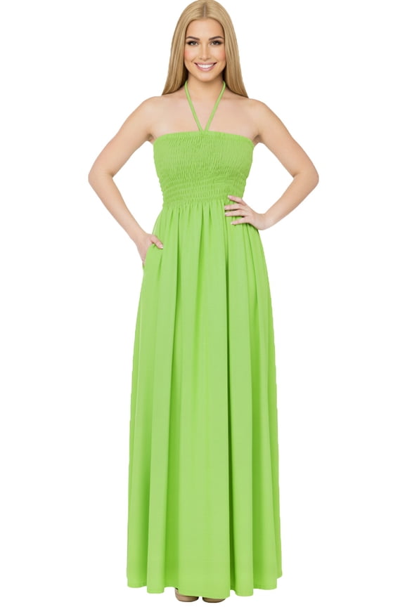 Women's Beach Summer Solid Smocked Maxi Evening Slit Dress Casual Tube Top Strapless Dresses for Women One Size Lime, Solid