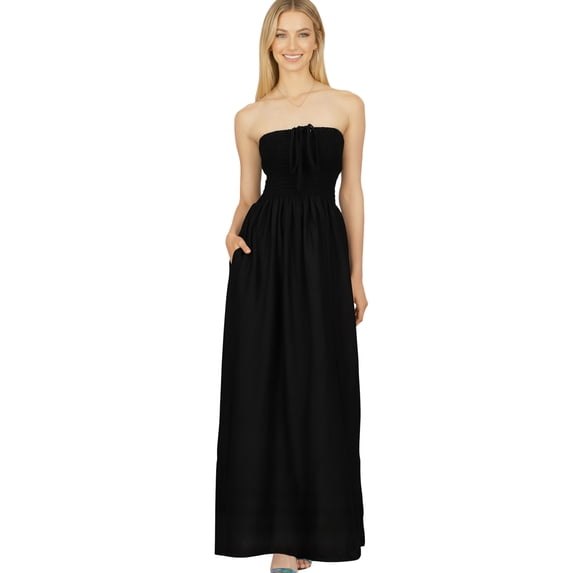 HAPPY BAY Women's Beach Summer Solid Smocked Top Maxi Evening Slit Dress Casual Strapless Tube Dresses for Women One Size Black, Solid