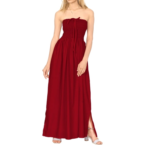 HAPPY BAY Women's Beach Summer Solid Smocked Top Maxi Evening Slit Dress Casual Strapless Tube Dresses for Women One Size Coral, Solid