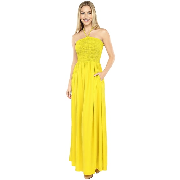 HAPPY BAY Women's Beach Summer Solid Smocked Top Maxi Evening Slit Dress Casual Strapless Tube Dresses for Women One Size Yellow, Solid