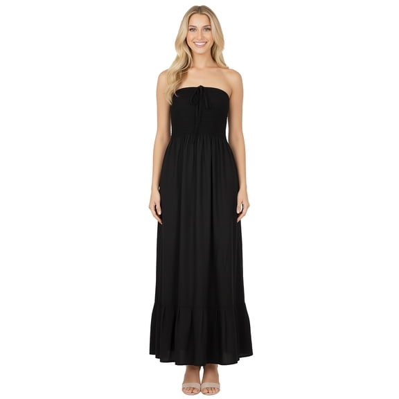HAPPY BAY Women's Beach Summer Solid Smocked Tube Top Maxi Evening Frill Dress Casual Strapless Dresses for Women One Size Black, Solid