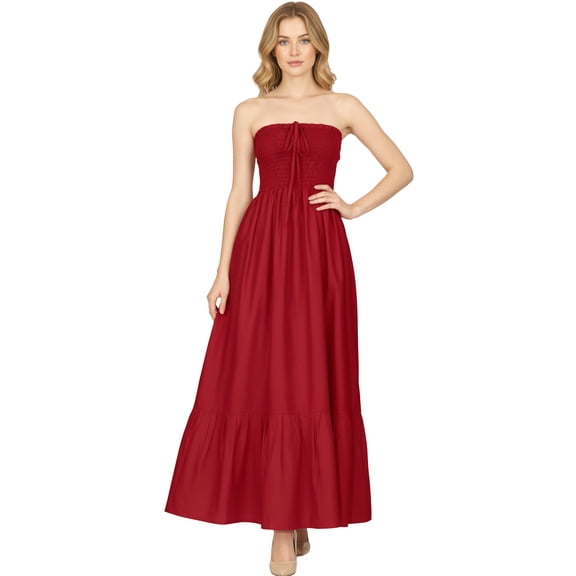 HAPPY BAY Women's Beach Summer Solid Smocked Tube Top Maxi Evening Frill Dress Casual Strapless Dresses for Women One Size Cherry, Solid