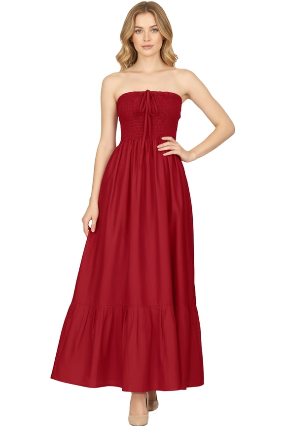 Women's Beach Summer Solid Smocked Tube Top Maxi Evening Frill Dress Casual Strapless Dresses for Women One Size Cherry, Solid