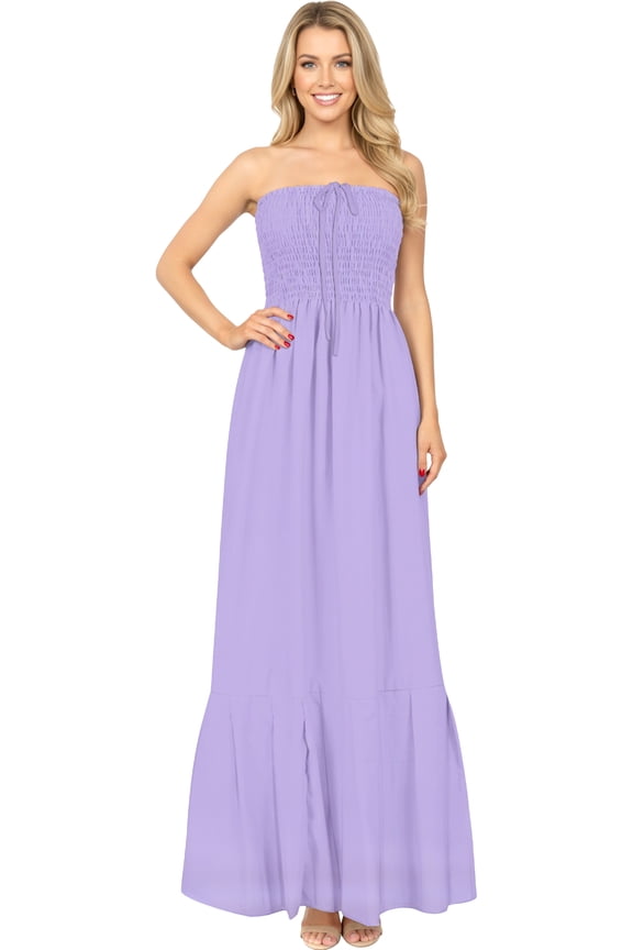 Women's Beach Summer Solid Smocked Tube Top Maxi Evening Frill Dress Casual Strapless Dresses for Women One Size Lavender, Solid