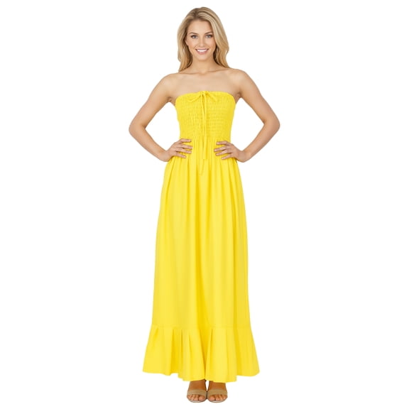 HAPPY BAY Women's Beach Summer Solid Smocked Tube Top Maxi Evening Frill Dress Casual Strapless Dresses for Women One Size Yellow, Solid