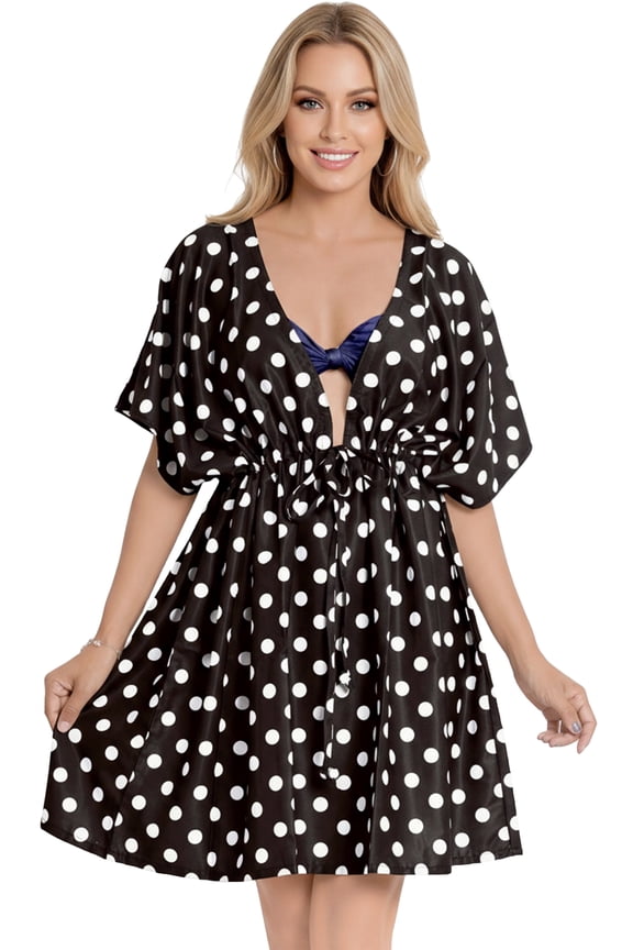 Women's Beachwear Beach Bikini Swimwear Cover up V Neck Dress Bathing Suit Summer Cover Ups for Women XL-XXL Polka Dots, Black