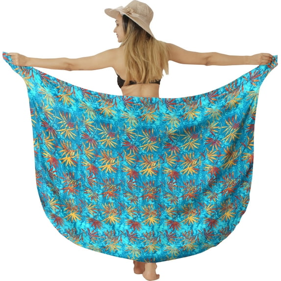 HAPPY BAY Women's Beachwear Summer Beach Bikini Wraps Sarong Swimsuit Wrap Skirt Swimwear Swim Cover ups for Womens One Size Allover Leafs, Blue