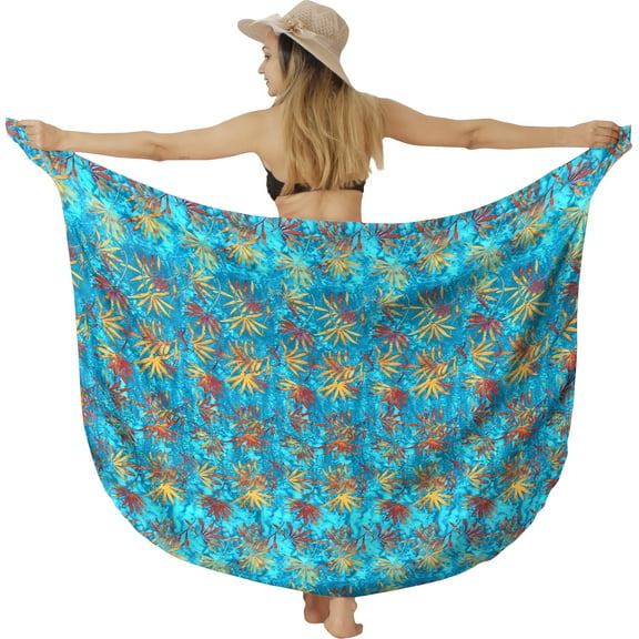 HAPPY BAY Women's Beachwear Summer Beach Bikini Wraps Sarong Swimsuit Wrap Skirt Swimwear Swim Cover ups for Womens One Size Allover Leafs, Blue