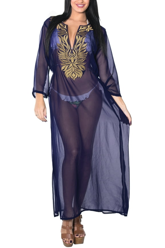 Women's Beachwear Summer Long Bathing Suit Swimwear Cover Ups Wrap Beach Dress M-L Mary Navy Blue_AC788