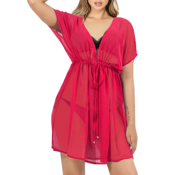 HAPPY BAY Women's Beachwear Summer Swim Beach Cover ups for Swimwear Bikini Sheer Chiffon Cover up Dress Bathing Suit Swimsuit Coverups for Women 4X-5X Solid Plain, Dark Pink