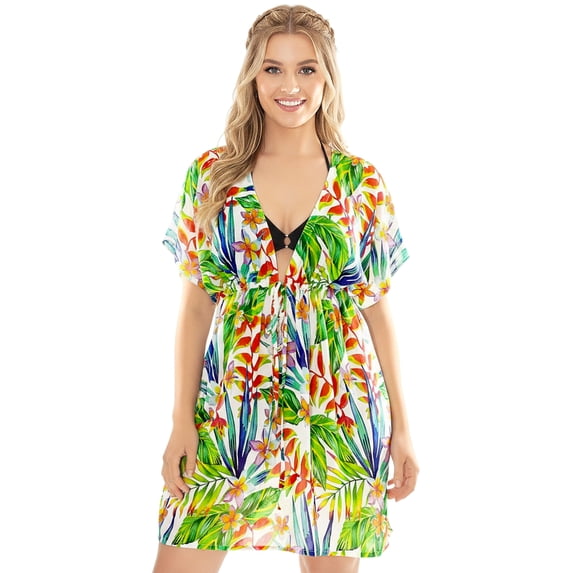 HAPPY BAY Women's Beachwear Summer Swim Beach Cover ups for Swimwear Bikini Sheer Chiffon Cover up Dress Bathing Suit Swimsuit Coverups for Women M-L Tropical Leafs, Multicolor