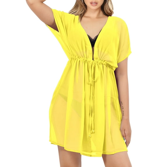 HAPPY BAY Women's Beachwear Summer Swim Beach Cover ups for Swimwear Bikini Sheer Chiffon Cover up V Neck Dress Bathing Suit Swimsuit Coverups for Women M-L Lemon_ac229