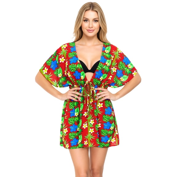 HAPPY BAY Women's Beachwear Summer Swim Beach Cover ups for Swimwear Mini Tropical Dress Swimsuit Coverups for Women V Neck Tops for Women XL-XXL Ruby, Floral Hibiscus Bamboo Tree