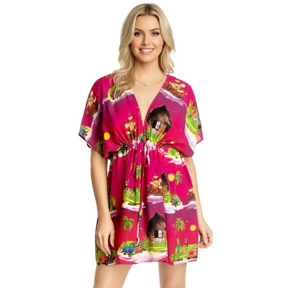 HAPPY BAY Women's Beachwear Summer Swim Beach Dress Cover ups for Swimwear Women Loose Swing Swimsuit Coverups for Women Tops for Women XL-XXL Pink, Island Car Hula Dancer