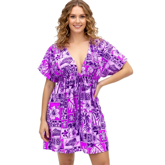 HAPPY BAY Women's Beachwear Summer Swim Beach Dress Cover ups for Swimwear Women Loose Swing Swimsuit Coverups for Women Tops XL-XXL Purple, Floral Hibiscus