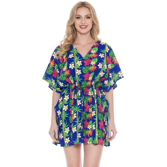 HAPPY BAY Women's Beachwear Summer Swim Beach Dress Cover ups for Swimwear Women Plus Size Casual Swimsuit Coverups for Women 3X-4X Royal, Floral Hibiscus Bamboo Tree