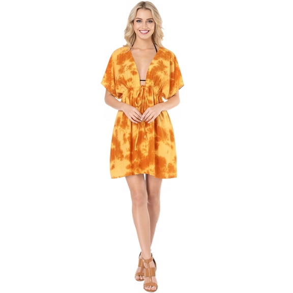 HAPPY BAY Women's Beachwear Summer Swim Beach Dress Cover ups for Swimwear Women Loose Swimsuit Coverups for Women Mini Caftan XL-XXL Yellow, Tie Dye