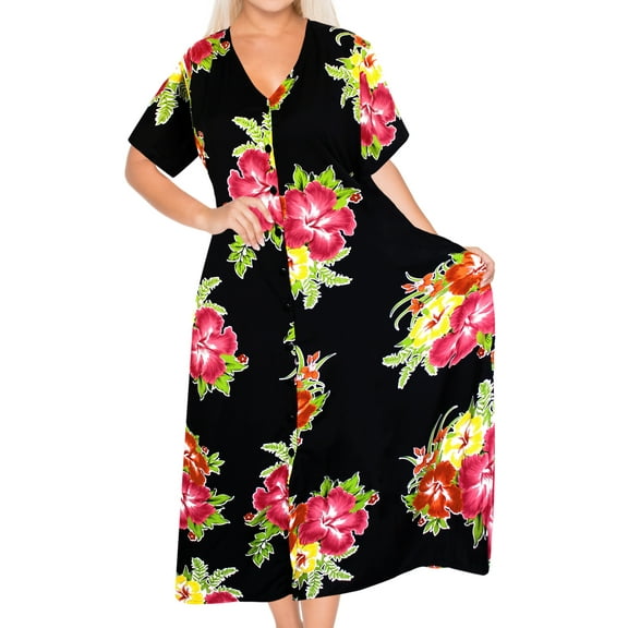 HAPPY BAY Women's Beachwear Swimsuit Coverups Summer Cover ups for Swimwear Women Button up Beach Dress Night T Shirt for Women L-XL Crimson, Floral Hibiscus