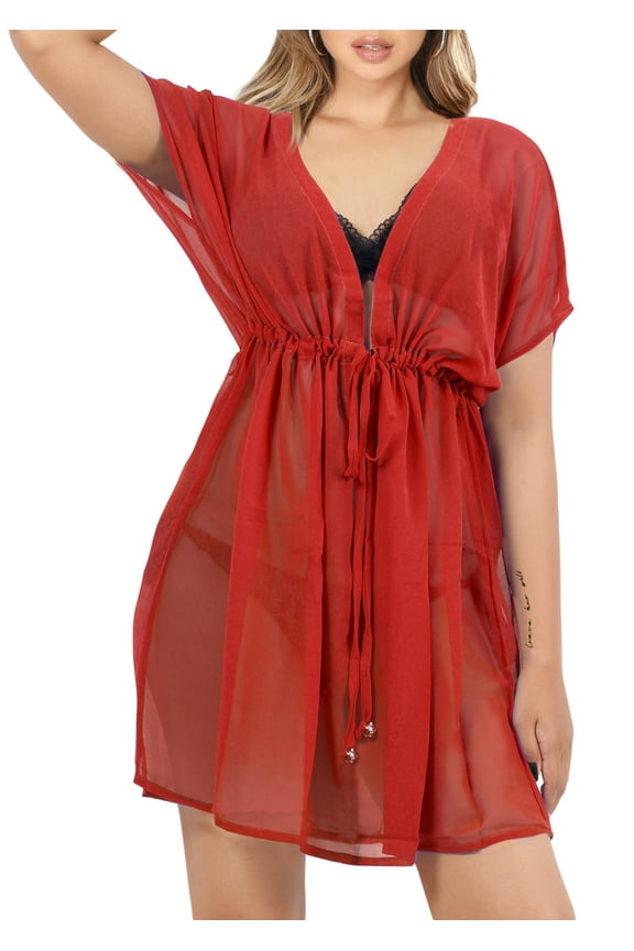 Women's Beachwear Swimsuit Coverups Summer Swim Beach Cover ups for Swimwear Women Bikini Sheer Chiffon Cover up Dress for Women 2X-3X Solid Plain, Red