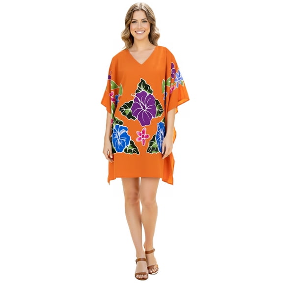 HAPPY BAY Women's Beachwear Swimsuit Coverups for Women Summer Swim Beach Dress Cover ups for Swimwear Women Loose Party Bathing Suit 1X-2X Leaves, Orange