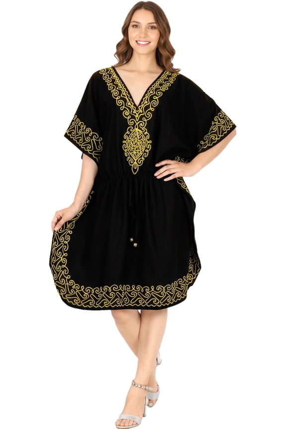 Women's Beachwear Tunic Summer Vacation Coverup Loungewear Casual Ladies Bikini Kaftan Beach Cover Ups for Women 3X-4X Embroidery, Black