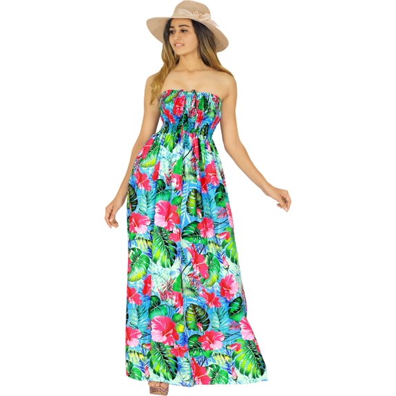 HAPPY BAY Women's Boho A-Line Slit Maxi Dress Smocked Top Evening Long Strapless Tube Dresses for Women One Size Arctic, Floral