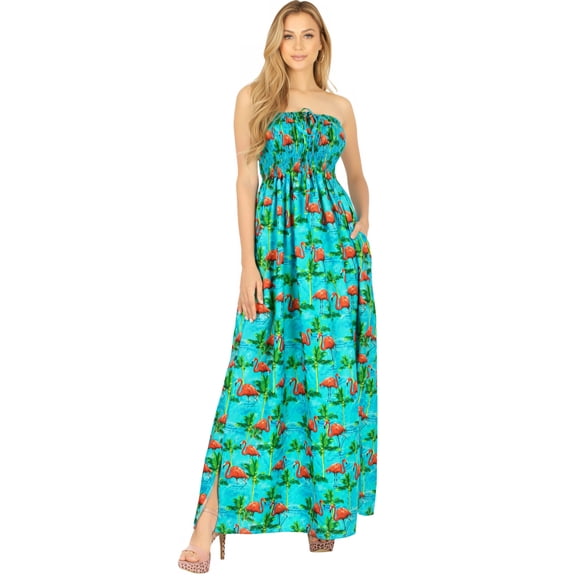 HAPPY BAY Women's Boho A-Line Slit Maxi Dress Smocked Top Evening Long Strapless Tube Dresses for Women One Size Berry, Flamingo
