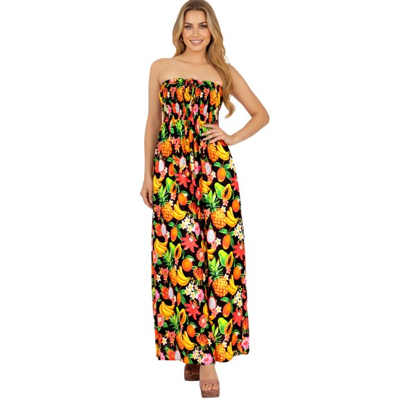 HAPPY BAY Women's Boho A-Line Slit Maxi Dress Smocked Top Evening Long Strapless Tube Dresses for Women One Size Obsidian, Fruits