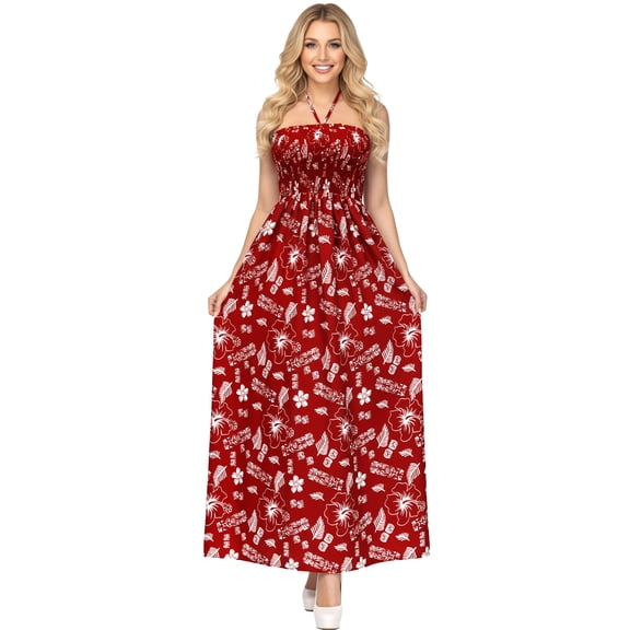 HAPPY BAY Women's Boho A-Line Smocked Strapless Dresses Evening Long Tube Top Slit Maxi Dress for Women One Size Crimson, Floral
