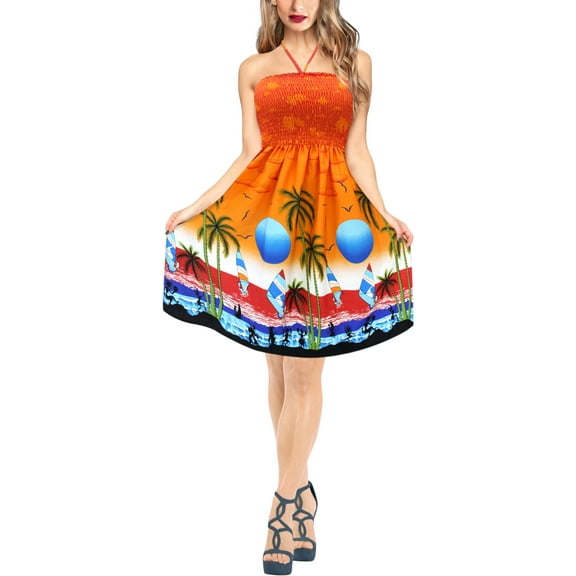 HAPPY BAY Women's Boho Beach Backless Smocked Mini Flowy Dress Tube Top Strapless Dresses for Women L-XL Summer Flame, Seashore